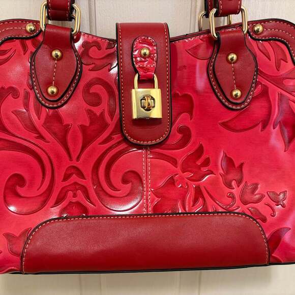 Madi Claire Red Embossed Genuine Leather Satchel Handbag With Feet - Picture 2 of 8